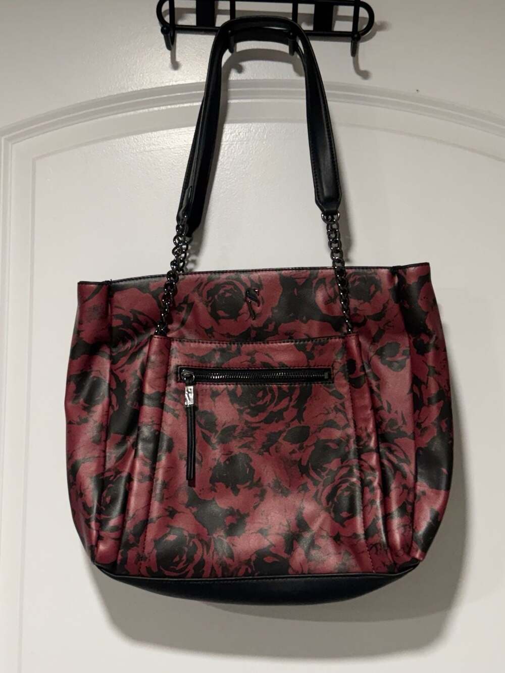 Gothic Rose Floral Tote Bag Burgundy Black Chain Strap Shoulder Purse